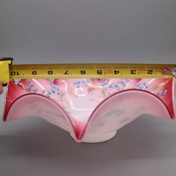 Antique Victorian Brides Basket Bowl Cranberry Pink White Cased Glass w/ Ruffles - Picture 8 of 8